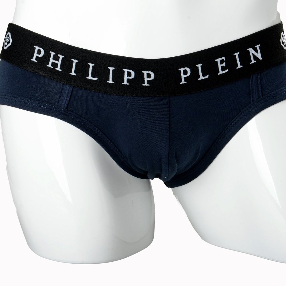 Philipp Plein Men's Navy Blue Logo Print Slip Brief Underwear Bi-Pack